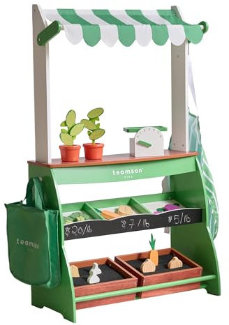 Teamson Kids Wooden Farmer's Market Stand, Pretend Play Grocery Store with Play Food, Scales and Vegetables, Educational Role Play Toy Set, Green