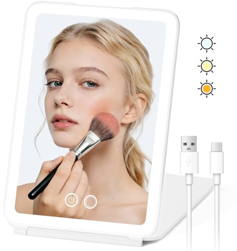 BNEHHOV Schminkspiegel mit Beleuchtung, 2000 mAh Wiederaufladbarer Tragbarer Kosmetikspiegel mit Licht, 3 Farblichter, Dimmbarer Touchscreen Schminkspiegel, Faltbarer Makeup Spiegel für Reisen