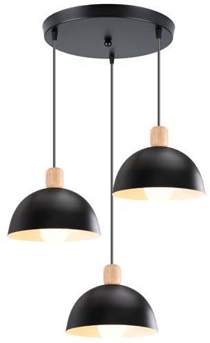 iDEGU 3 Hängelampen, modern, 20 cm, Kronleuchter, Hängeleuchte, Retro, skandinavischer Stil, Deckenleuchte, Lampenschirm aus Holz, Metall, E27, Deckenleuchte, für Schlafzimmer, Esszimmer, Küche (rund