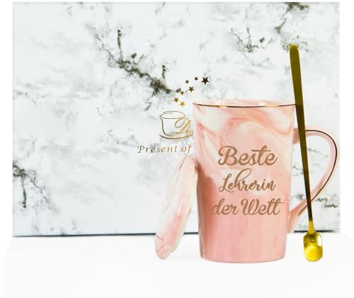 Verdaxis Beste Lehrerin Geschenke Kaffeetasse, Abschiedsgeschenk Weihnacht für Teacher, Beste Lehrerin der Welt, 400ml Rosa Keramik Marmorbecher mit Deckel