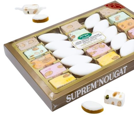 Suprem Nougat | Geschenkbox 275 g mit 15 Teneri und 10 Calissons | Pistazienaromen, Himbeere, Zitrone, Orange & Kaffee | Französische Nougat | Auswahl 18 Carati