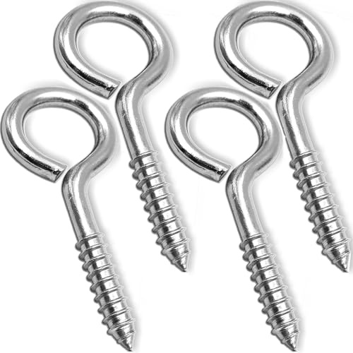 Litensh Ganchos grandes de acero inoxidable con ojos de tornillo resistentes, pernos de rosca, ganchos para colgar, pernos fuertes para cables seguros de madera (plata, paquete de 4, M5-65 mm)