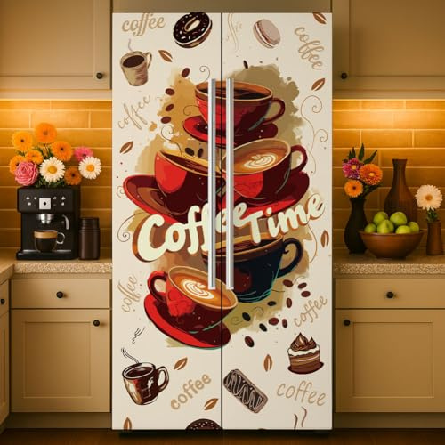 GOMAKERER 2 Pcs Retro Style Coffee Refrigerator Wraps, Self-Adhesive Refrigerator Wrap Set Removable Fridge Sticker Fridges Panel Cover Sticker for Kitchen Bar Decor, 41.5 x 200 cm