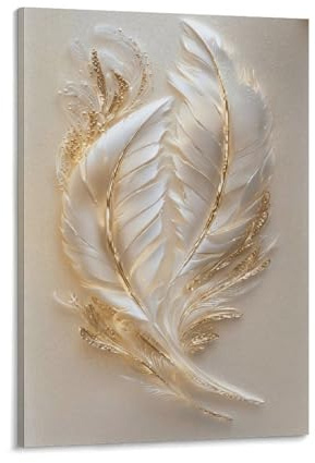 XPASHIQWC Weiß & Gold 3D Feder Wandbild Leinwand Gemälde Wand-Dekorationen Wandposter Leinwanddrucke Kunstwerk Für Schlafzimmer Wanddekoration Gerahmt 20x30inch(50x75cm)