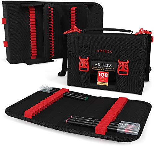 ARTEZA Layoutmarker Organisator, Taschenorganizer mit 108 Steckplätzen, abnehmbare Stiftetasche und Tragegurt, Reißverschlusstasche & Tragegriff, für Marker, Pinsel, Farbstifte