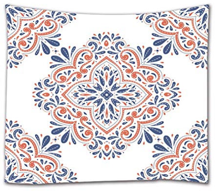 A.Monamour Wandteppiche Vintage Blau Und Orange Dekorative Paisley Traditionelle Ethnische Indische Boho Muster Blumen Hintergrund Stoff Wandbehang Tapisserie Vorhänge Tischdecke Tagesdecke 102x153cm
