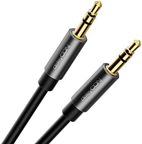 deleyCON 2m Jack Audio Stéréo Câble AUX 3,5mm Câble Jack Câble Audio Fiche Métallique Téléphone Mobile Smartphone Tablette Casque Récepteur Hi-Fi (Extra Fin & Flexible)