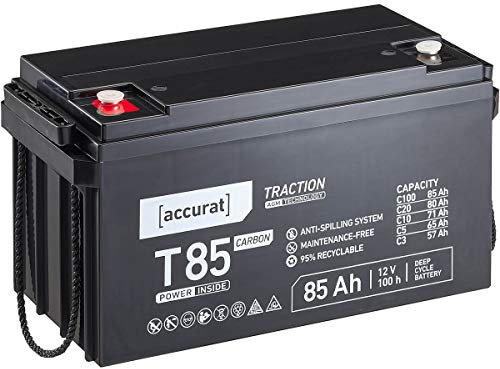 Accurat AGM Batterie T85-12V, 85Ah, zyklenfest, wartungsfrei - Traction Versorgungsbatterie, Carbon Blei Akku, Solarbatterie, Bootsbatterie für Wohnmobil, Wohnwagen, Camper, Bootsbatterie