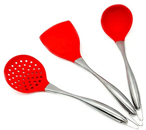 MARUKO Ustensiles de Cuisine, Spatule et louche pour wok, Ensemble d'ustensiles de Cuisine en Acier Inoxydable 3 Pièces avec Ecumoire Inox, Louche à Soupe, Spatule (Rouge)