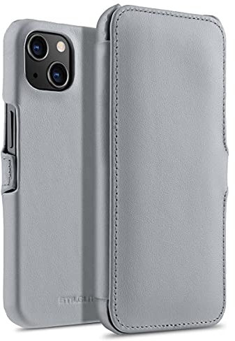 STILGUT Book Case kompatibel mit iPhone 13 (6.1“) Hülle aus Leder mit Clip-Verschluss, Klapphülle, Handyhülle, Lederhülle - Grau Nappa