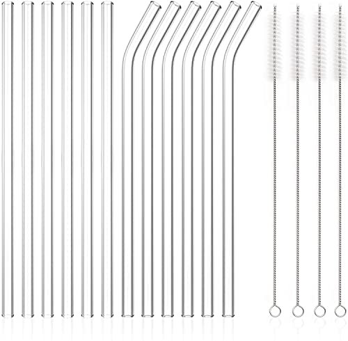 Qoosea Paille en Verre Réutilisables Pailles en Verre, Pailles Réutilisables Suite de Paille Transparent 12 Pièces Pailles Réutilisables avec 4 Brosses de Nettoyage Convient aux jus, aux boissons