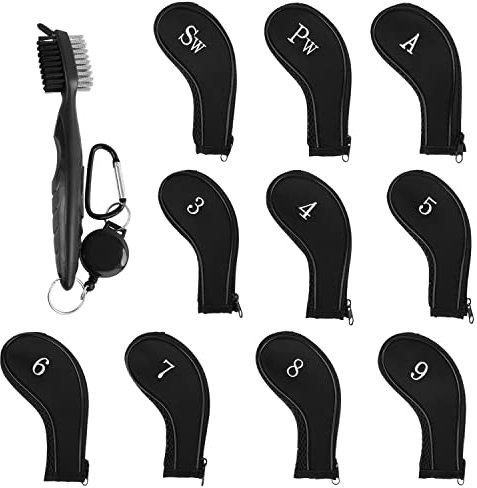 EDATOFLY 10 Pieces Golf Iron Head Covers Long Neck Number Printing Irons Head Covers Set and 1 Piece Golf Iron Club Brush (Black+Black)