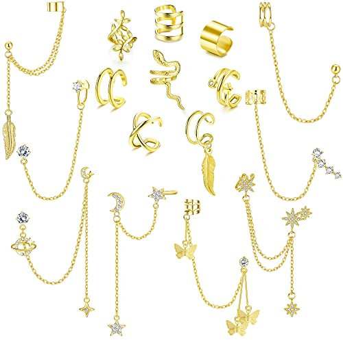 MILACOLATO 16 Stück Ear Cuff Ohrringe Mit Kette Creolen Helix Knorpel Clip On Wrap Ohrringe Verstellbare Manschetten Nicht Durchdringender Knorpel Einstellbare Ohr Cuffs Ohrklemme Set für Damen Gold