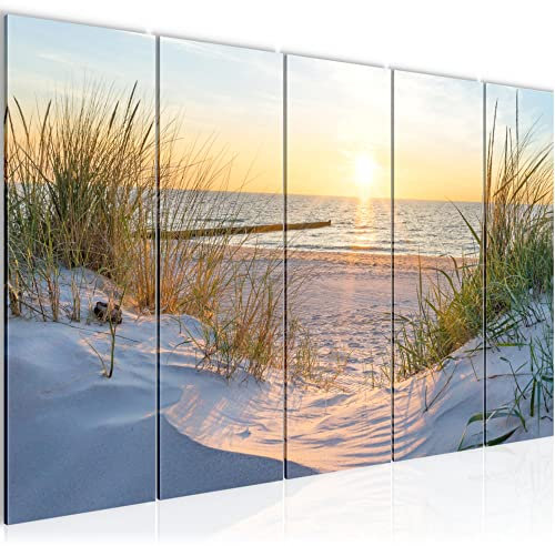 Runa Art Wandbild XXL Strand Sonnenuntergang Schlafzimmer Wohnzimmer 200 x 80 cm Blau Beige 5 Teilig - Made in Germany - 041755a
