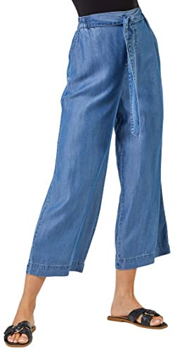 Roman Originals Culotte Trousers for Women UK - Ladies Wide Leg Cropped Pants Tie Detail Bottoms Vintage Retro Smart Flared Slimming High Waist 1940s Party Regular Denim