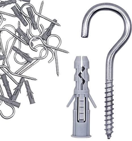 SKIR'CO Lot de 50 crochets à visser en zinc plaqué avec 6 x 30 mm cheville en plastique, crochet de plafond