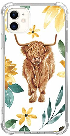 Lemifelgby Floral Highland Cow Case Compatible with iPhone 11, Cute Scotish Cattle Phone Case for iPhone 11, Cool TPU Protective Phone Case Cover