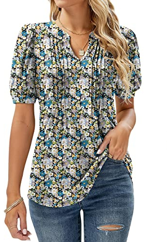 EFFAN Womens Tops Short Sleeve V Neck Pleated T Shirts Casual Floral Printed Longline Tunic Blouse Floral Black Blue XL (UK 18-20)