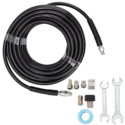 Sewer Jetter Kit for Pressure Washer 49FT, 5800PSI Drain Cleaner Hose 1/4 Inch Quick Connect, Rotating and Side Hole Hose Sewer Jetting Nozzle, Waterproof Tape, 2 Spanner