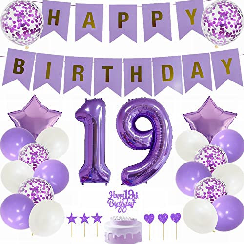 Yunchu Online 19. Geburtstag Dekoration Mädchen Lila - Tortendeko, White Party Deko, Geschenk für 19 Jahre - Ballon Set für Junge und Mädchen