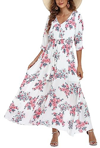 VOGMATE Femme Ete Robe Longue Col en V Élegante Taille Haute 3/4 Manches Robe Boheme Plage Maxi Robes Fluide Décontractées Blanc L