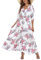 VOGMATE Femme Ete Robe Longue Col en V Élegante Taille Haute 3/4 Manches Robe Boheme Plage Maxi Robes Fluide Décontractées Blanc L