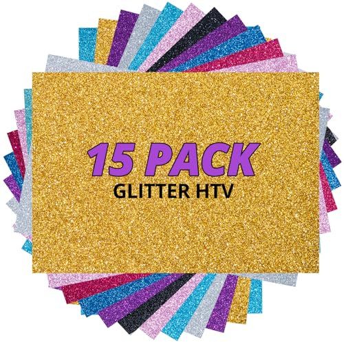 HTVRONT Glitzer Plotterfolie Textil 15 pcs - Flexfolie Plotter Textil 30.5 cm*25.4 cm - Glitzer Heat Transfer Vinyl HTV für Textilien zum Aufbügeln für T-Shirt & Stoffe