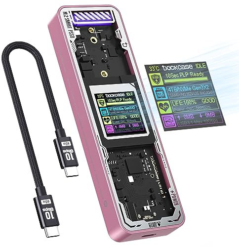 DOCKCASE Explorer Edition Smart SSD Enclosure -10s Power Loss Protection, NVMe M.2 Enclosure Real-time SSD Health Detection, Dual Type-C USB-C 3.2 Gen 2 (10Gbps) for NVMe SSD, Up to 4TB -Pink