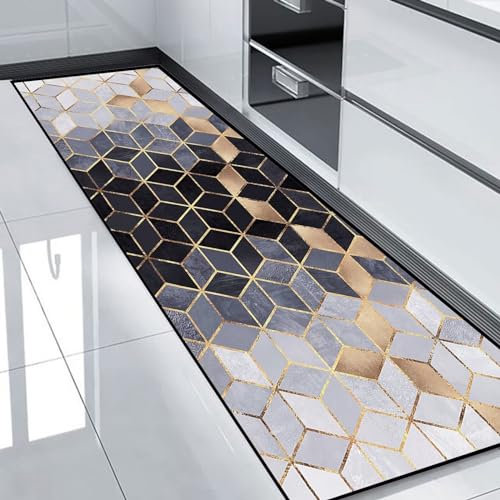 HUAXIQUE Outdoor Teppich Waschbarer rutschfest Wasserfest Geometrische Muster Teppich Läufer Nach Maß Schwarz Grüner Teppich Läufer für Wohnzimmer Flur Büro Schlafzimmer Küche 90x500cm Stile S