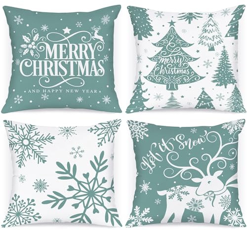 Lanpn 4 Stück Weiß und Grün Kissenbezug Weihnachten Kissenhülle 40x40 cm, Winterliche Schneeflocken Dekorative Weihnachtskissen für Weihnachtsdeko Christmas Bettwäsche Sofa Decorations (Hellgrün)