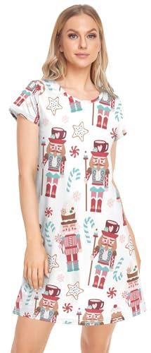 CHIFIGNO Kurzärmeliges Damen-Nachthemd, weiches Lounge-Kleid, bunte Schlafshirts für Damen, Niedlicher Nussknacker und Sterne, XL