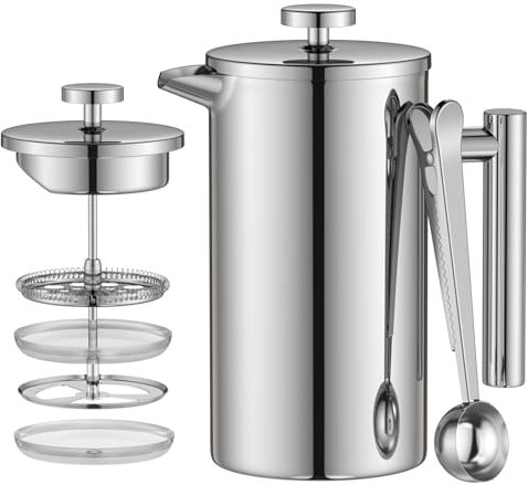 Enfmay Cafetière 8 Cups French Press Coffee Maker, 1000ML 3 Level Filter Double-Walled Insulated Stainless Steel French Press Caffettiere for Home and Office, Extra 1Filter and 2-in-1 Clip Spoon