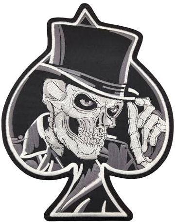 Großer Rückenpatch Skelett mit Zylinder – 22 x 27,7 cm – Gestickter Aufnäher für Biker XXL Rückenaufnäher Pik Totenkopf Patch Backpatch für Motorradjacken Kutten Lederwesten – Hochwertige Stickerei