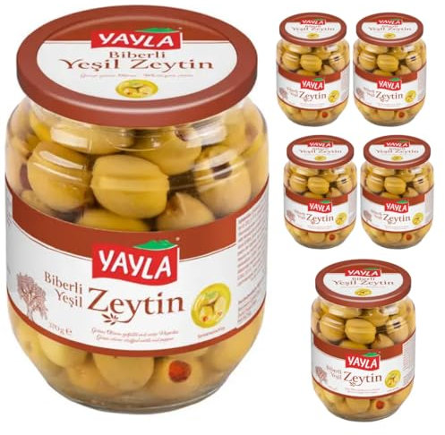 Yayla, behandelte grüne Oliven in Lake, mit roter Paprikafüllung, Eingelegte Grüne Oliven mit Grünem , Oliven in einer Glasflasche - 370g x 6 Stück