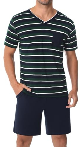 Leversic Pyjama Homme Été Ensemble Short Coton à Manches Courtes Vêtements de Détente Deux Pièces Confortable Doux Bleu+Vert XL