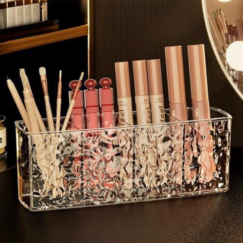 Terafeels Makeup Brush Holder 4 Slot Clear Acrylic Cosmetic Organiser for Eyeliners Lipstick Crystal Storage Box for Bathroom Bedroom Dress Table Vanities Office Desk Grey 6702