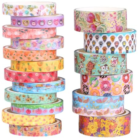 Naler Washi Tape 18 Rolls 2 Sizes Decor Tape for Scrapbooking Journaling | Adhesive Tape Kawaii Animals Tape for Diaries, DIY Crafts, School Art, Wrapping