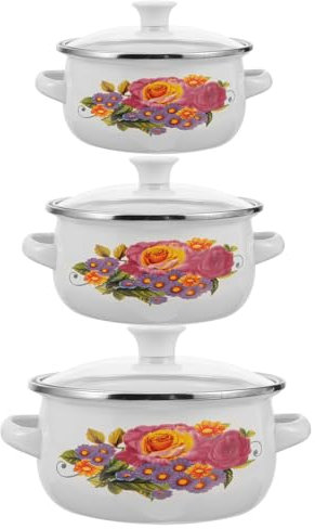 Cabilock Juego De Ollas Esmaltadas Olla Esmaltada De 3 Piezas Con Tapa Olla Retro Floral Olla Para Cocinar A Fuego Lento Olla De Sopa Esmaltada Profunda Para Restaurante En Casa -Estilo B