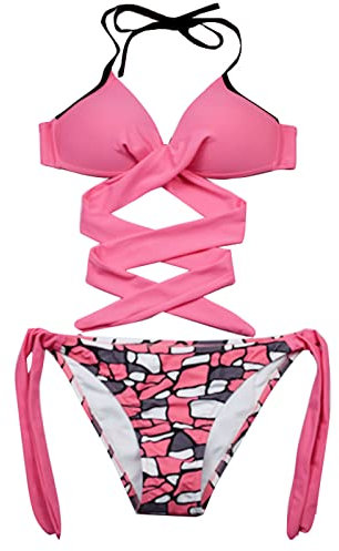 Mesdames Sexy Triangle Séparer Sexy Solide Couleur Bikini Candy Couleur Bikini Strap Short Fluo Foot (Hot Pink, M)