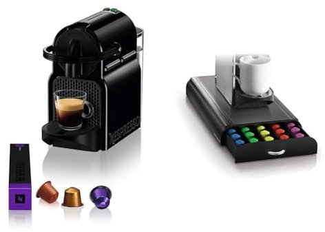 Nespresso De'Longhi EN 80.B Inissia, Hochdruckpumpe & Mind Reader NESTRY4PC-BLK Kaffeekapsel-Schublade Kompatibel Kapseln, Kunststoff, schwarz, 9.21 x 15.94 x 2.36
