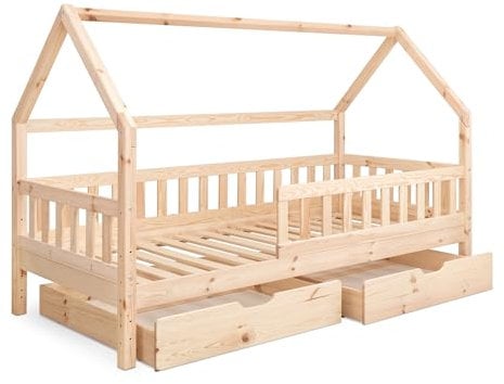 Ehrenkind® Hausbett Lille | Kinderbett mit abnehmbaren Rausfallschutz aus Massivholz FSC® zertifziert inkl. Schubladen | Hausbett 80x160 | Kinderbett 80x160 Natur