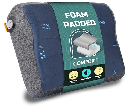 TREKOLOGY ALUFT Pro Inflatable Travel Pillow with Removable Foam-Padded Washable Cover - Quiet Soft-Touch Surface, Adjustable Firmness, Packs Palm-Size for Plane, Car, Camping & Backpacking
