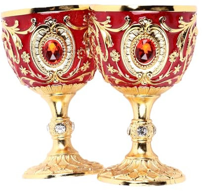 Jwthee Gobelet à calice vintage, 2 pièces, Vintage métal gaufré verre à vin, gobelets rétro, calices royaux, tasse à vin, Vintages Royal Calice, tasses à vins en métal, tasses de communion (Red)