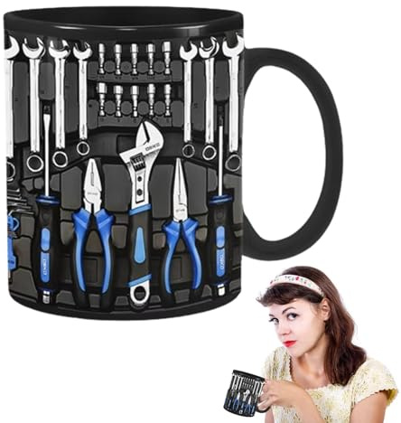 Hqunjikp Taza de café divertida de cerámica negra para mecánicos de café, taza de café grande con caja de herramientas mecánica, taza de café mecánica para ingeniero