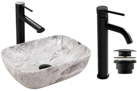 GTM Design Aufsatzwaschbecken Matt Set mit Waschtischbatterie und Stopfen - Aufsatzwaschbecken Oval für Badezimmer - Modern Waschbecken ohne Hahnloch - Waschbecken mit Armature - Modell 13