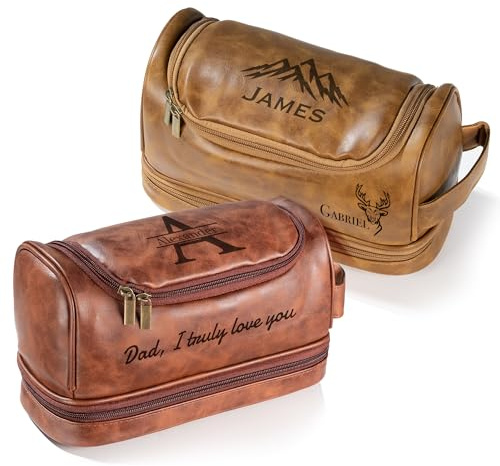 Easycosy Vatertagsgeschenke für Papa & Opa, personalisierter Kulturbeutel Herren zum Aufhängen, Lasergraviert mit Name & Text, Leder Kulturtasche Waschtasche Papatag