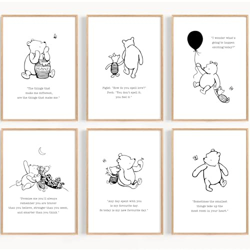 Winnie Puuh Wandkunstdrucke – Set mit 6 ungerahmten Kinderzimmer-Drucken, minimalistische Babyzimmer-Dekoration, Pooh & Friends Zitate, geschlechtsneutrale Kinderzimmer-Wanddekoration (A4-21,0 x 29,7