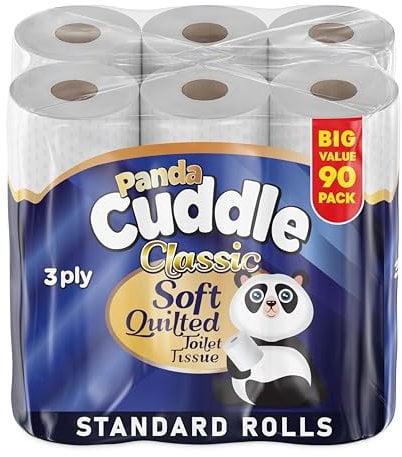 3 Ply Unscented Quilted Toilet Rolls Bulk Buy - 90 Pack Luxury Toilet Paper – Super Soft Classic Loo Roll for Comfort and Easy Flush Embossed Toilet Tissue by Panda Cuddle