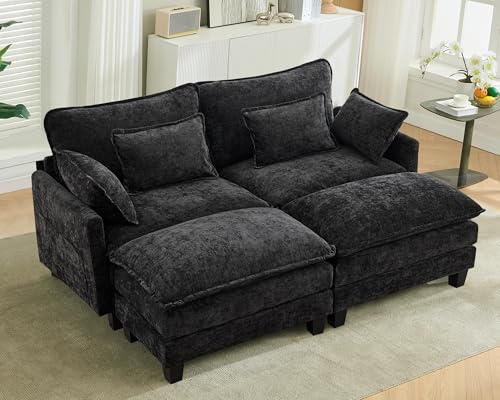 SITURAY Doppellagige Ecksofa Modulares Sofa, Wohnlandschaft L-Form Cloud Couch mit Ottomane, Chenillestoff Eckcouch Corner Sofa mit Schlaffunktion für Wohnzimmer Schlafzimmer (Schwarz, 2 Sitzer)