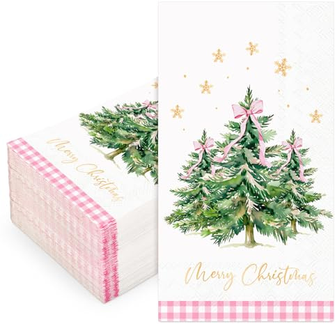 Whaline 100 tovaglioli di carta usa e getta per ospiti di Natale, fiocco rosa, albero di Natale, tovaglioli di carta usa e getta in lamina d'oro con fiocco di neve per la cena tovaglioli per